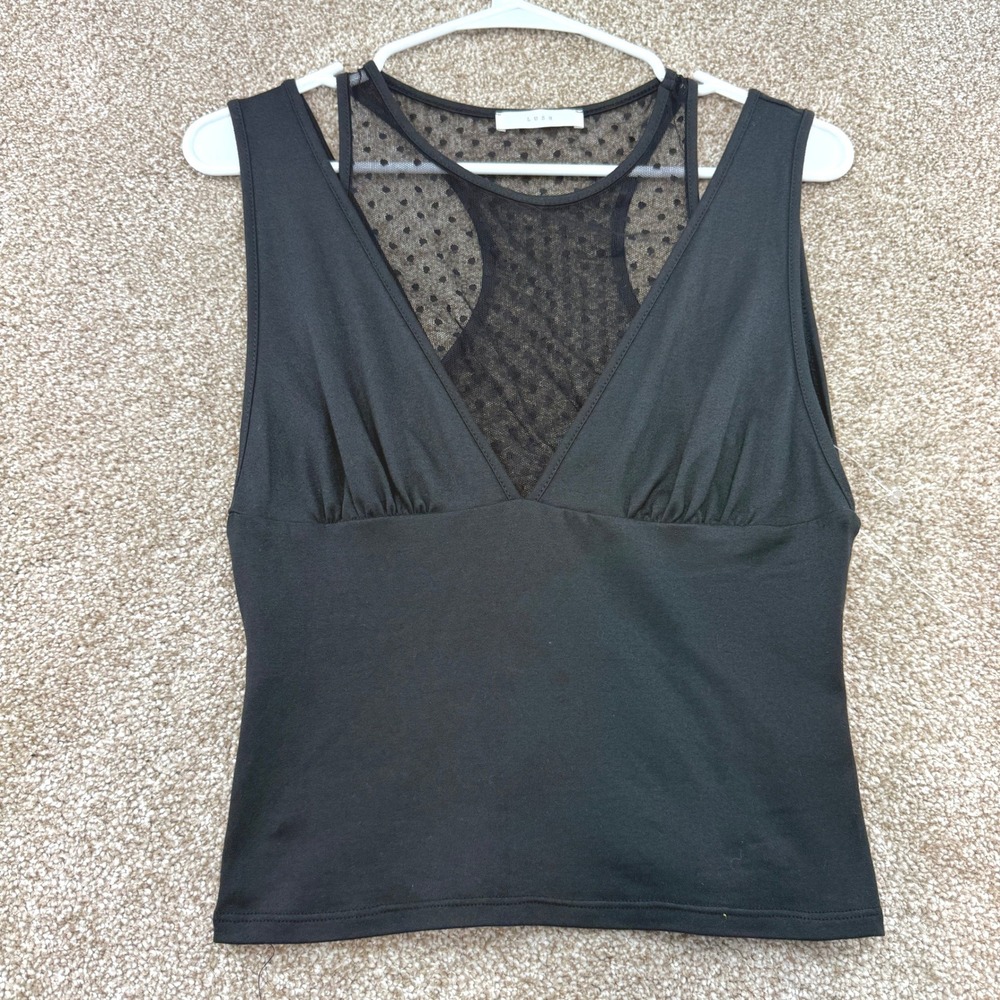 Lush Black V-Neck Tank Top Sheer Polka Dot Mesh Racerback Small Edgy Goth Whismy